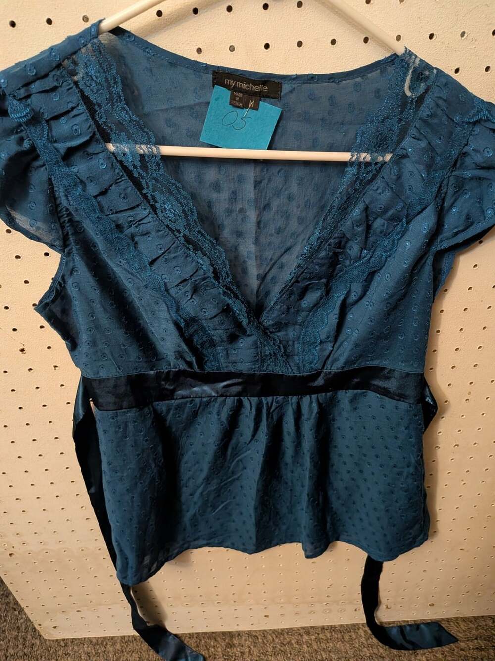 my michelle Teal Swiss Dot Sheer Blouse with Lace Trim and Waist Tie
